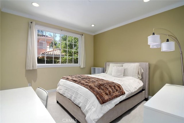 29528 Ridgeway Dr, Agoura Hills, CA 91301 - bedroom with recessed lighting, light carpet, ornamental molding, and baseboards