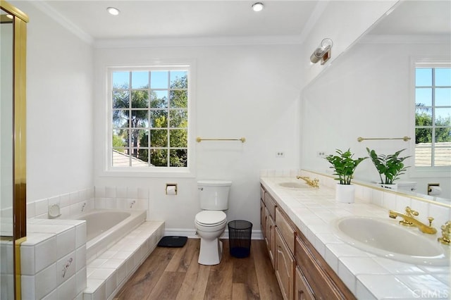 29528 Ridgeway Dr, Agoura Hills, CA 91301 - full bathroom with double vanity, wood finished floors, a bath, toilet, and recessed lighting