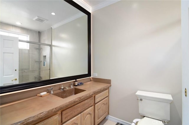 29528 Ridgeway Dr, Agoura Hills, CA 91301 - full bath with crown molding, toilet, vanity, a shower stall, and baseboards