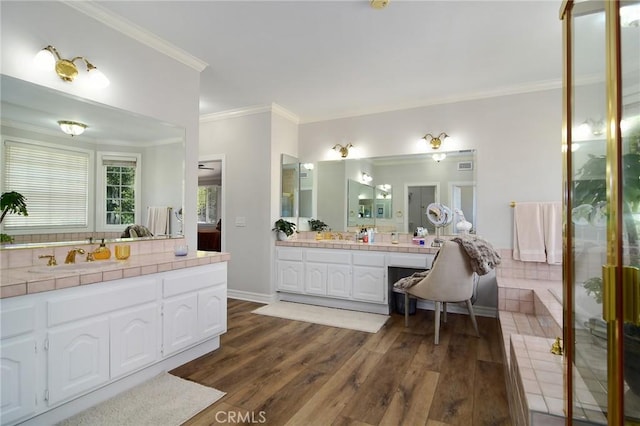 29528 Ridgeway Dr, Agoura Hills, CA 91301 - full bathroom with wood finished floors, vanity, and crown molding