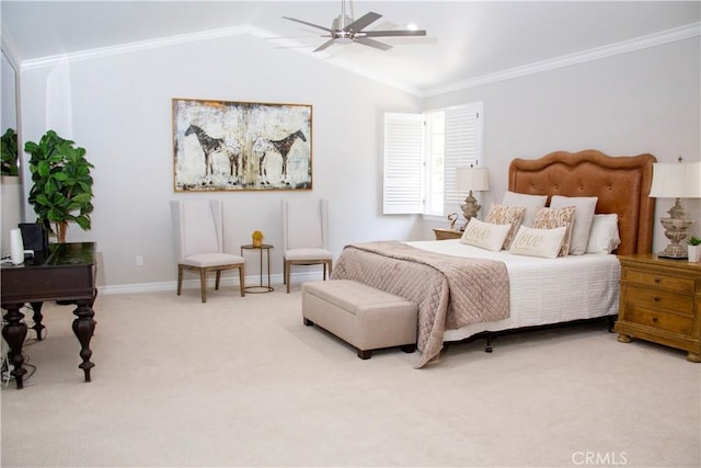 29528 Ridgeway Dr, Agoura Hills, CA 91301 - bedroom with carpet, vaulted ceiling, ornamental molding, baseboards, and a ceiling fan
