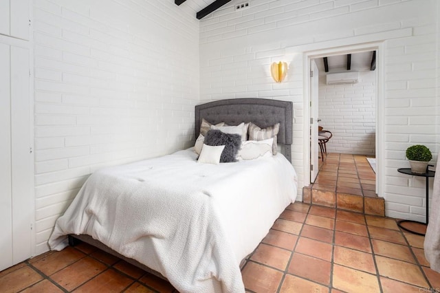 bedroom featuring light tile patterned floors, a wall unit AC, and lofted ceiling with beams