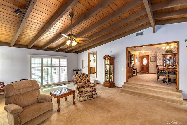 carpeted living area featuring visible vents, wallpapered walls, a ceiling fan, vaulted ceiling with beams, and wood ceiling
