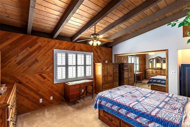 bedroom featuring wooden ceiling, vaulted ceiling with beams, wood walls, light colored carpet, and ceiling fan