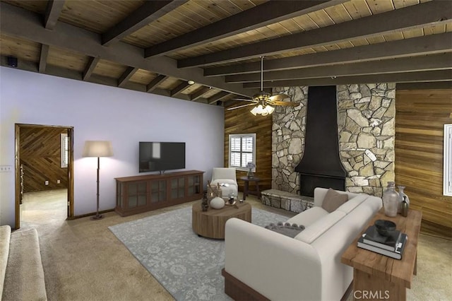 carpeted living area with wood ceiling, lofted ceiling with beams, wooden walls, a wood stove, and ceiling fan