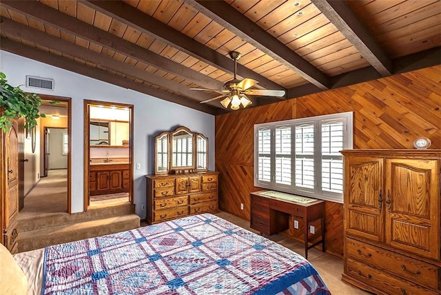bedroom featuring visible vents, wooden walls, vaulted ceiling with beams, wood ceiling, and light colored carpet