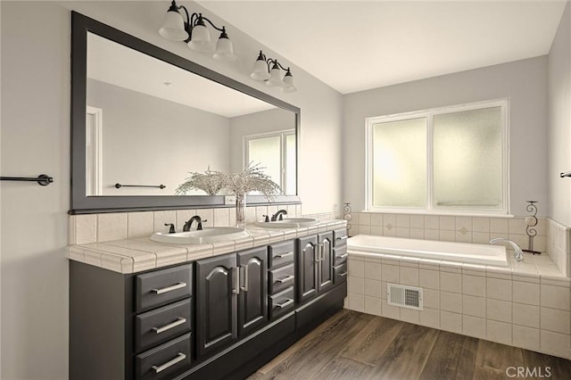 1207 Grass Valley Rd, Lake Arrowhead, CA 92352 - full bathroom with double vanity, a bath, and wood finished floors