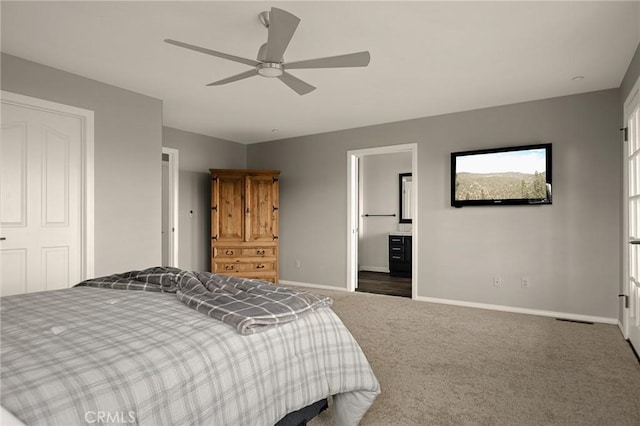 1207 Grass Valley Rd, Lake Arrowhead, CA 92352 - bedroom featuring baseboards, carpet flooring, ensuite bath, and ceiling fan