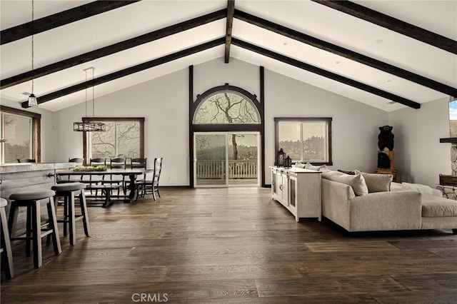 1207 Grass Valley Rd, Lake Arrowhead, CA 92352 - living area with beamed ceiling, dark wood-style floors, and high vaulted ceiling