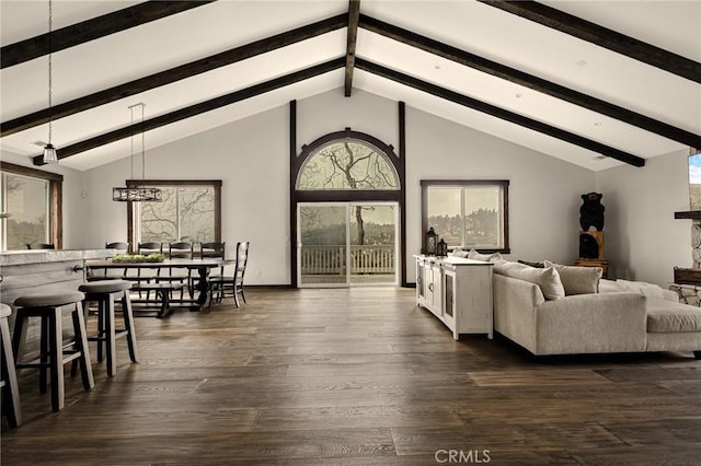 1207 Grass Valley Rd, Lake Arrowhead, CA 92352 - living area featuring beamed ceiling, dark wood-style floors, high vaulted ceiling, and a chandelier