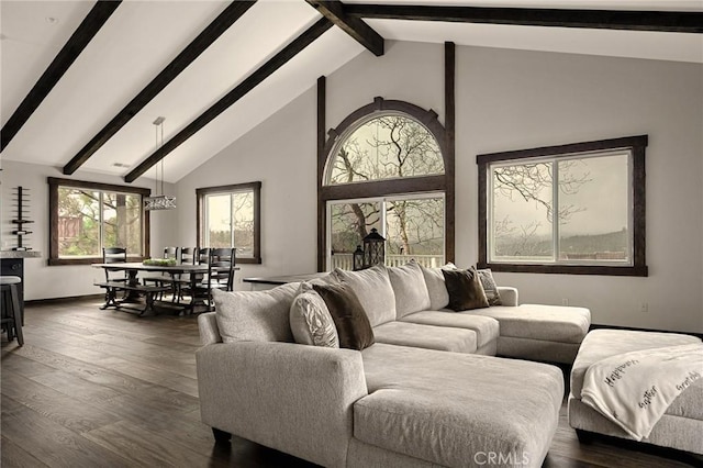 1207 Grass Valley Rd, Lake Arrowhead, CA 92352 - living area featuring beam ceiling, dark wood-type flooring, baseboards, and high vaulted ceiling