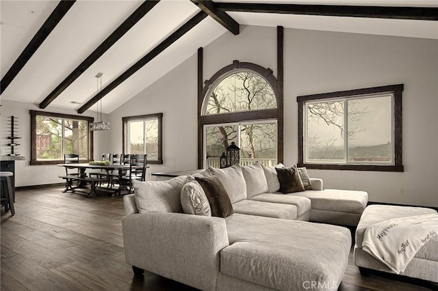 1207 Grass Valley Rd, Lake Arrowhead, CA 92352 - living area featuring beamed ceiling, dark wood-style flooring, and high vaulted ceiling