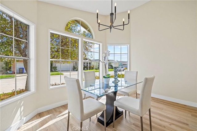 dining area with baseboards, wood finished floors, and a chandelier