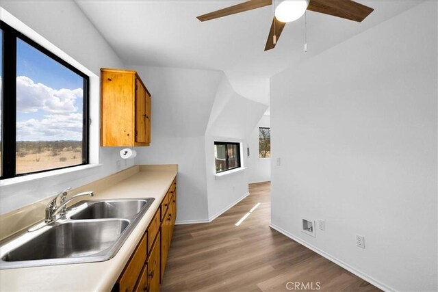 951 N Kuna Ave, Landers, CA 92285 - kitchen featuring a sink, plenty of natural light, brown cabinetry, and a ceiling fan