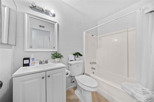 bathroom featuring visible vents, toilet, shower / bath combo with shower curtain, and vanity
