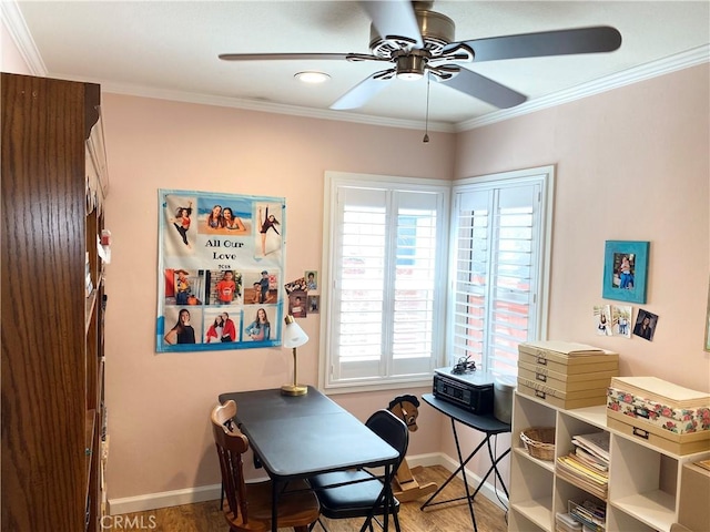 258 17th St, Seal Beach, CA 90740 - office with wood finished floors, ornamental molding, baseboards, and a ceiling fan