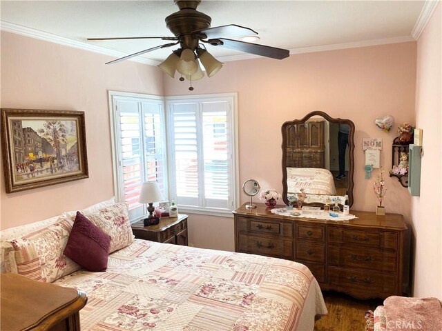 258 17th St, Seal Beach, CA 90740 - bedroom featuring a ceiling fan, wood finished floors, and ornamental molding
