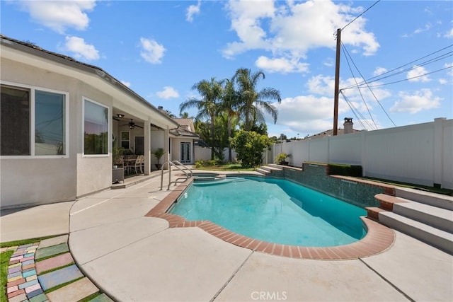 1403 Sonora St, San Bernardino, CA 92404 - view of pool with a ceiling fan, a fenced backyard, a fenced in pool, and a patio