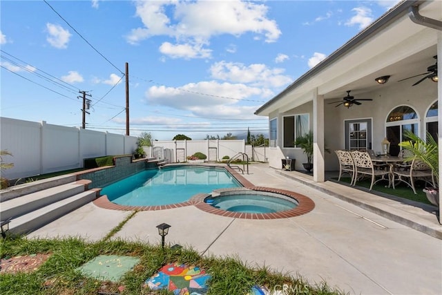 1403 Sonora St, San Bernardino, CA 92404 - view of pool featuring a fenced in pool, a fenced backyard, a ceiling fan, an in ground hot tub, and a patio area