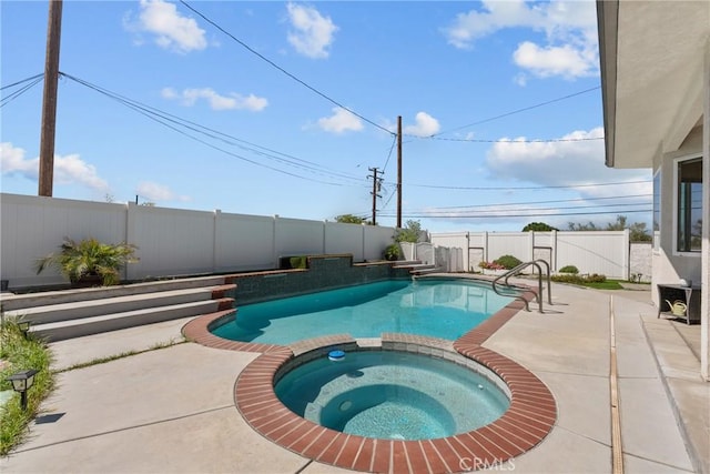 1403 Sonora St, San Bernardino, CA 92404 - view of swimming pool featuring a patio, a fenced backyard, and a pool with connected hot tub