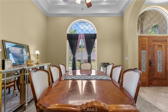1403 Sonora St, San Bernardino, CA 92404 - tiled dining room with a ceiling fan and crown molding