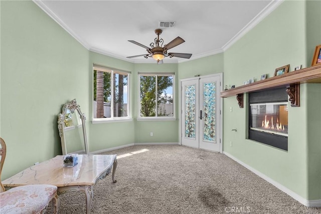 1403 Sonora St, San Bernardino, CA 92404 - living area with carpet flooring, visible vents, baseboards, ornamental molding, and french doors
