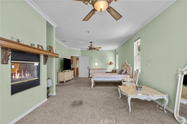 1403 Sonora St, San Bernardino, CA 92404 - bedroom featuring a multi sided fireplace, baseboards, carpet floors, and ornamental molding