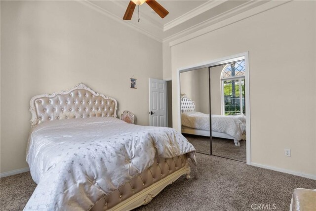 1403 Sonora St, San Bernardino, CA 92404 - bedroom with a closet, crown molding, baseboards, ceiling fan, and carpet