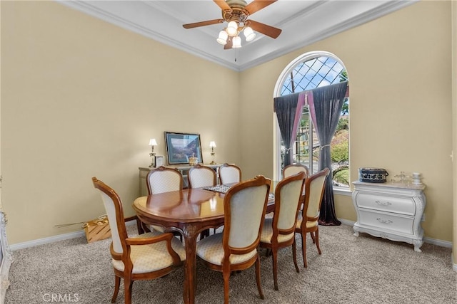 1403 Sonora St, San Bernardino, CA 92404 - dining area featuring carpet floors, crown molding, a healthy amount of sunlight, and ceiling fan