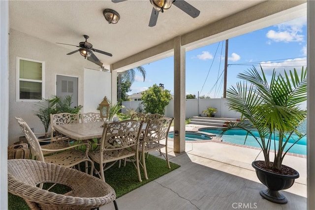 1403 Sonora St, San Bernardino, CA 92404 - view of patio / terrace featuring ceiling fan, a fenced backyard, outdoor dining space, and a pool with connected hot tub
