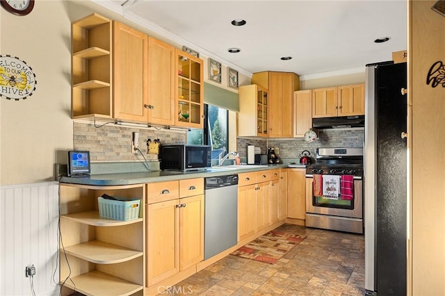 kitchen featuring appliances with stainless steel finishes, under cabinet range hood, a sink, open shelves, and light brown cabinetry