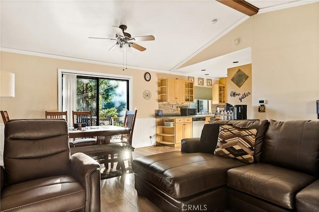 living room featuring vaulted ceiling with beams, crown molding, wood finished floors, and a ceiling fan