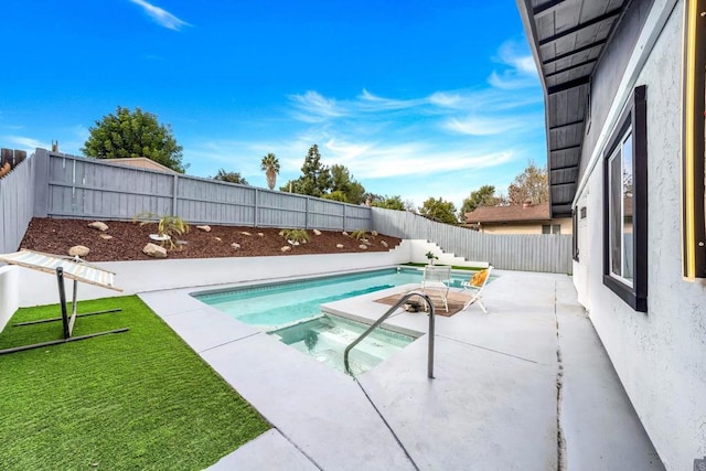 view of pool with a fenced backyard, a fenced in pool, a lawn, and a patio area