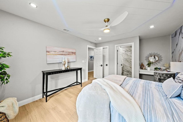 bedroom featuring a ceiling fan, recessed lighting, baseboards, and light wood-type flooring