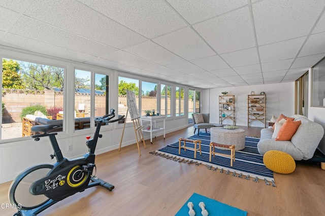 exercise area featuring wood finished floors and a paneled ceiling