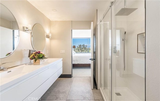 10220 Balmoral Ct, Riverside, CA 92503 - ensuite bathroom with connected bathroom, a shower stall, a sink, tile patterned floors, and double vanity