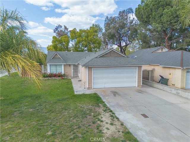 single story home featuring driveway, a garage, and a front lawn