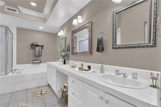 57 Plaza Brisas, San Juan Capistrano, CA 92675 - full bathroom with vanity, recessed lighting, tile patterned floors, visible vents, and a garden tub
