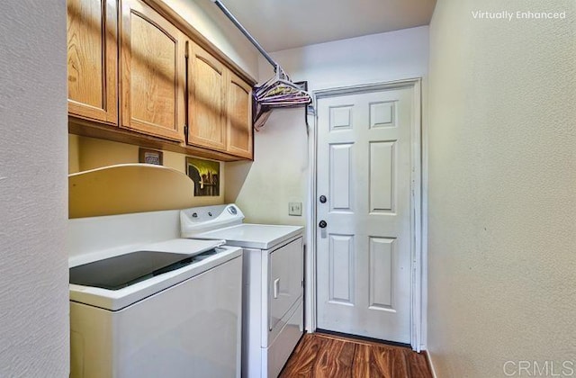 29839 Circle R Creek Ln, Escondido, CA 92026 - laundry area featuring cabinet space, washer and dryer, and dark wood finished floors