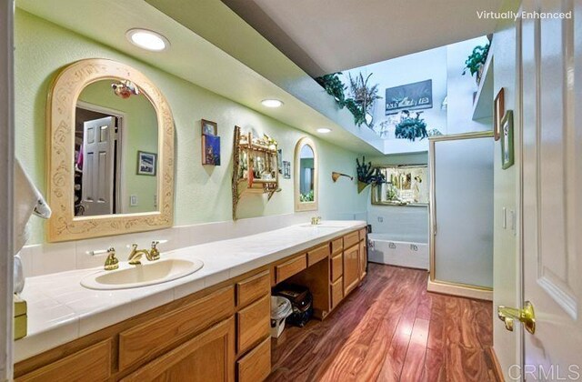 29839 Circle R Creek Ln, Escondido, CA 92026 - full bath with wood finished floors, double vanity, and recessed lighting