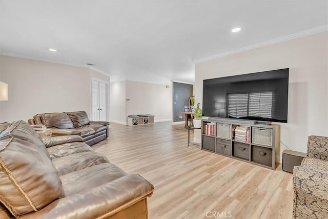 9056 Oswego St, Sunland, CA 91040 - living room featuring crown molding, recessed lighting, light wood-style flooring, and baseboards