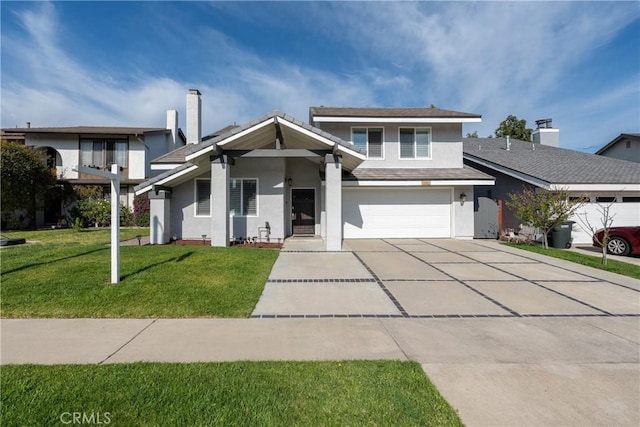 24461 Peacock St, Lake Forest, CA 92630 - traditional home with stucco siding, concrete driveway, a garage, a front yard, and a chimney