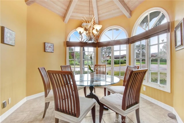 dining area featuring wood ceiling, an inviting chandelier, lofted ceiling with beams, and light tile patterned floors