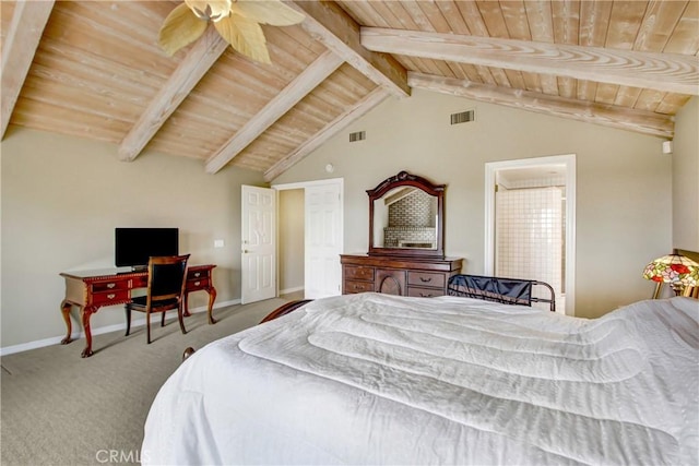 carpeted bedroom featuring visible vents, baseboards, wooden ceiling, and lofted ceiling with beams