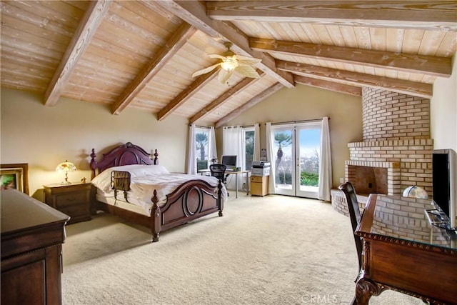 bedroom featuring access to outside, lofted ceiling with beams, light carpet, a brick fireplace, and wooden ceiling