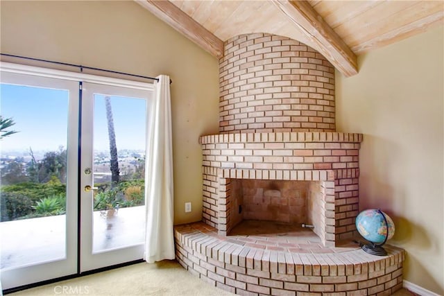 room details with wood ceiling, beamed ceiling, and carpet floors