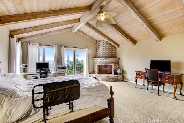 carpeted bedroom with baseboards, a ceiling fan, wooden ceiling, and lofted ceiling with beams