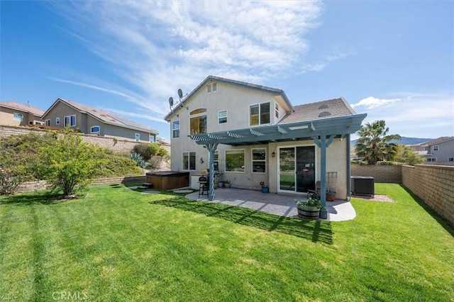 14209 Wrangell Ln, Canyon Country, CA 91387 - back of property featuring a hot tub, central air condition unit, stucco siding, a pergola, and a patio
