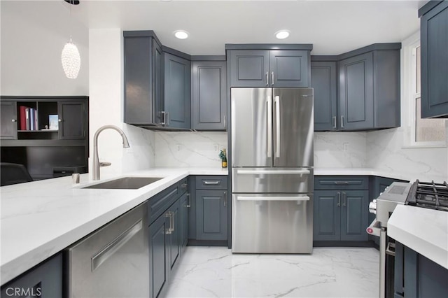 1400 Pacific Coast Unit 305, Huntington Beach, CA 92648 - kitchen featuring decorative backsplash, marble finish floor, stainless steel appliances, and a sink