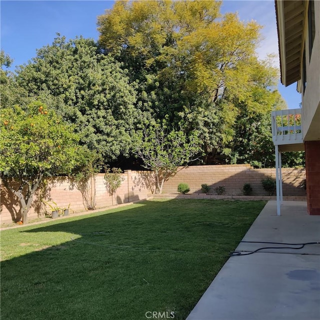 view of yard featuring fence and a patio area